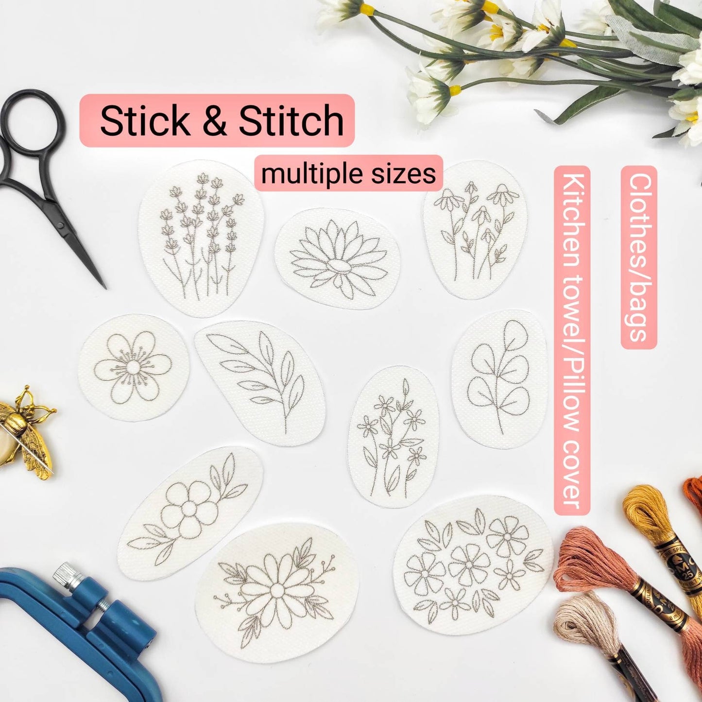 Multiple sizes of Stick & Stitch embroidery patterns, DIY embroidery floral patterns for clothes/bags/kitchen towel/pillow case