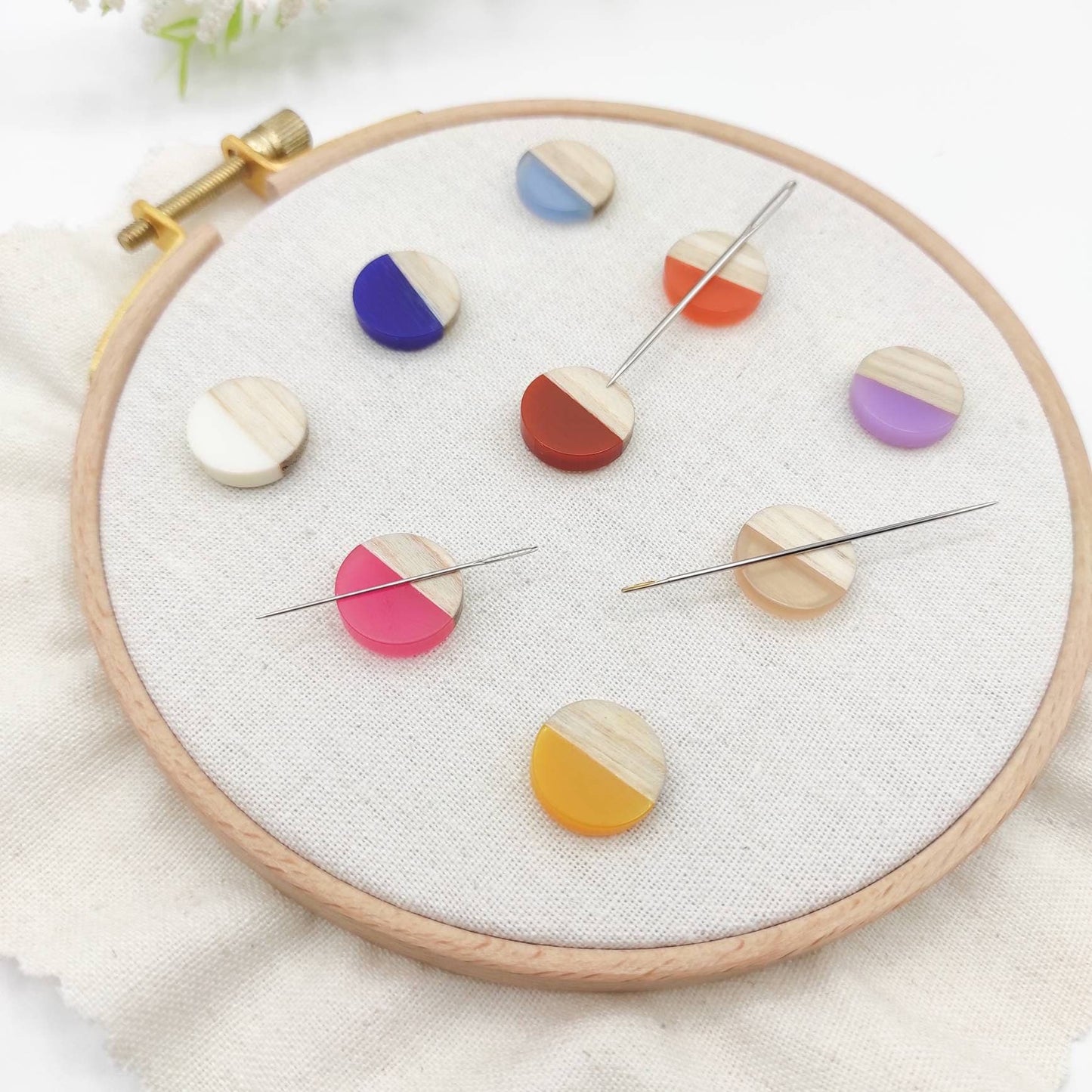 Small Round Wood and Resin needle minders, Mini Needle Minder for Embroidery, Cross Stitch, Needle work, Needle point tools