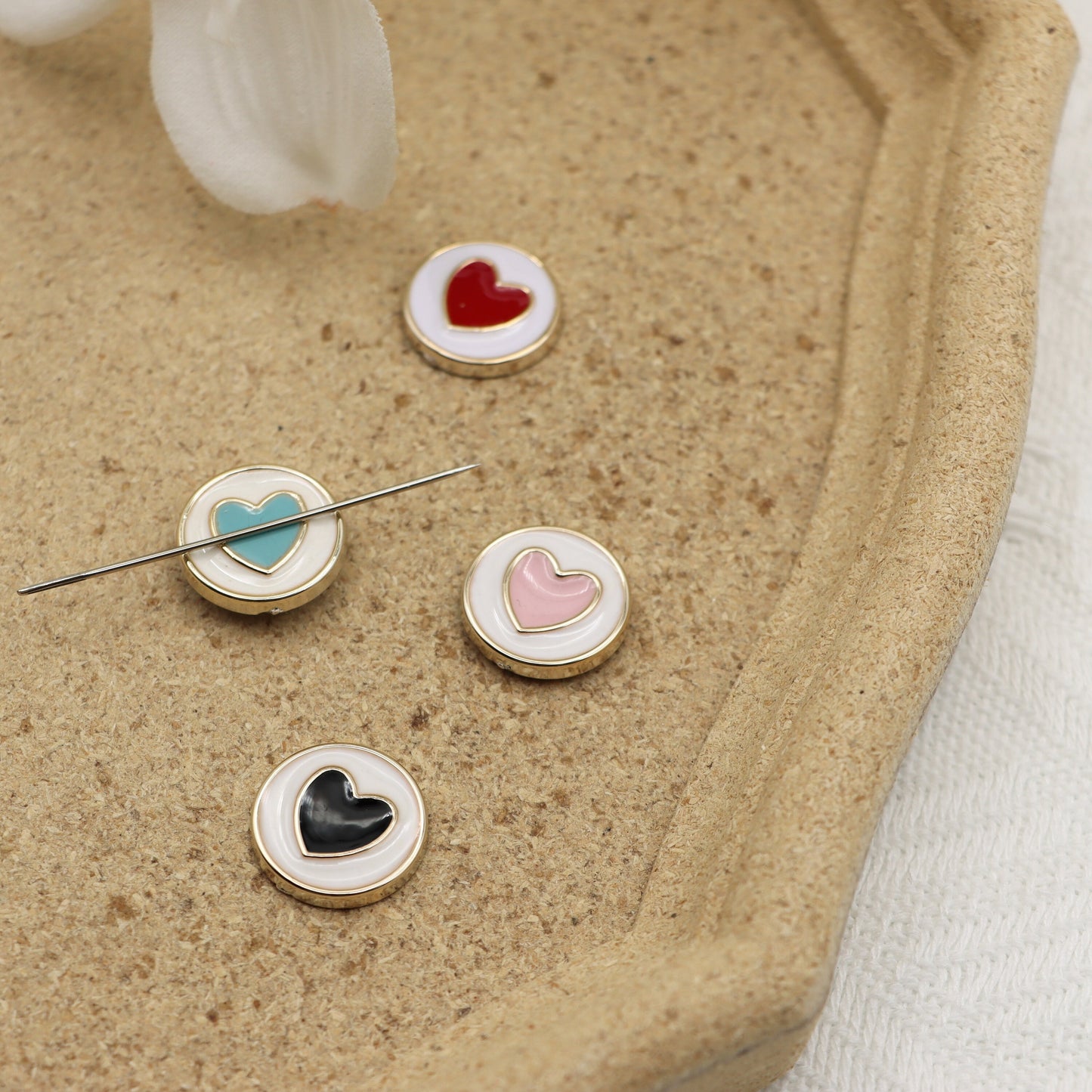 Small Round Heart Resin needle minders, Tiny Needle Minder for Embroidery, Cross Stitch, Needle work, needlecraft projects and sewing.