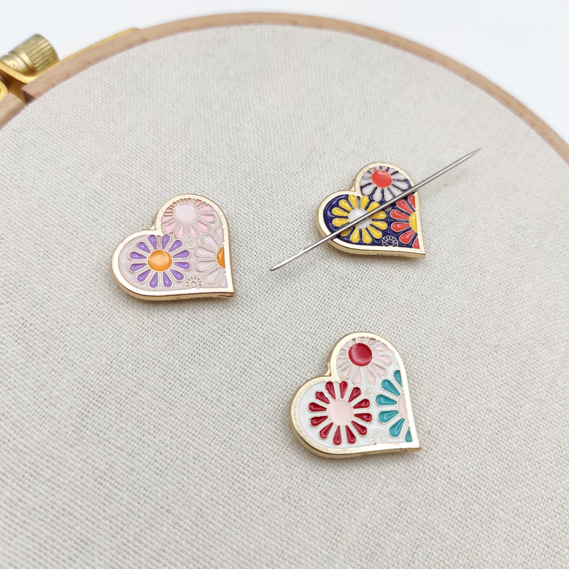 Heart enamel needle minders, Cute Needle Minder for Embroidery, Cross Stitch, Needle work, needlecraft projects and sewing.