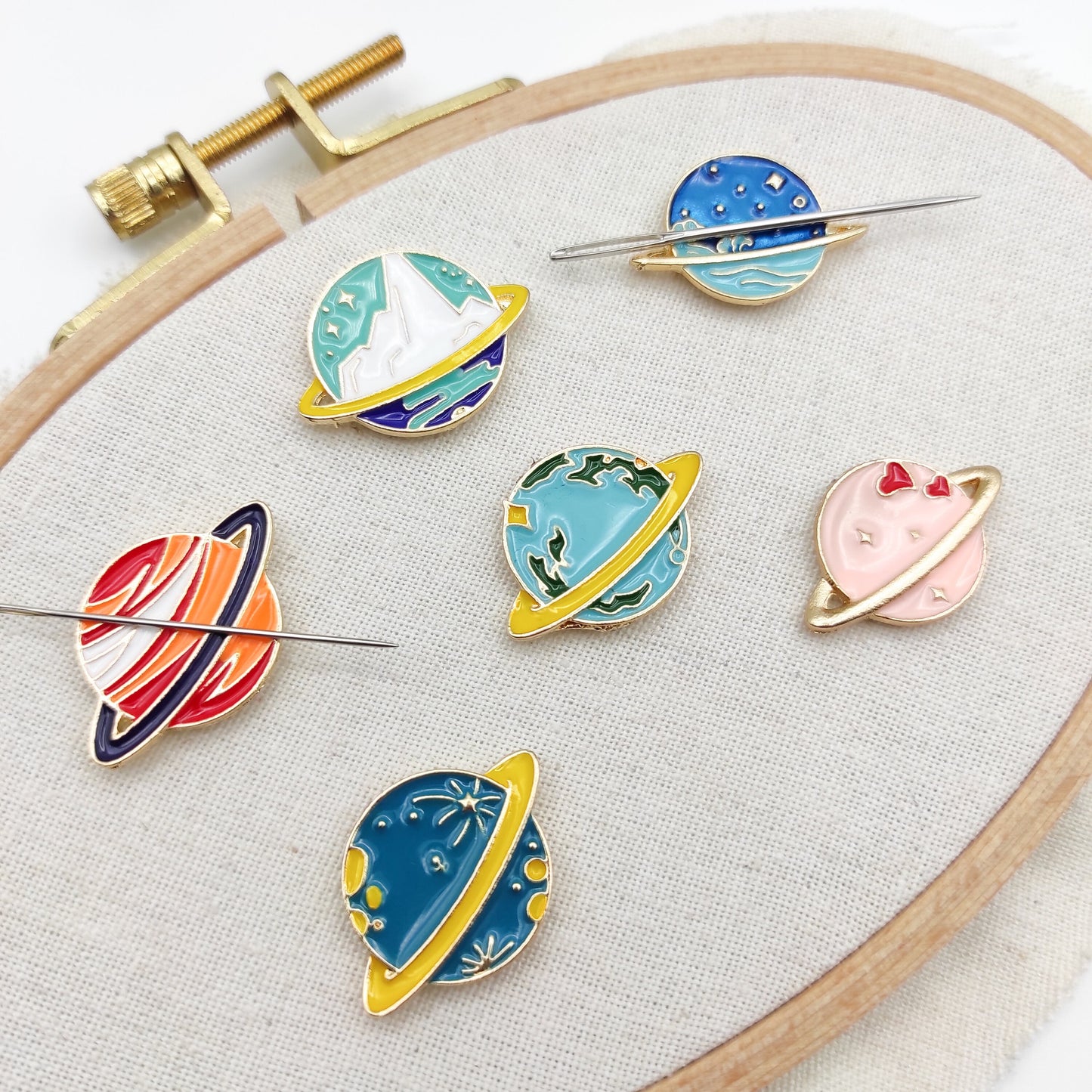 Planet enamel needle minders, Galaxy Needle Minder for Embroidery, Cross Stitch, Needle work, Needle point tools