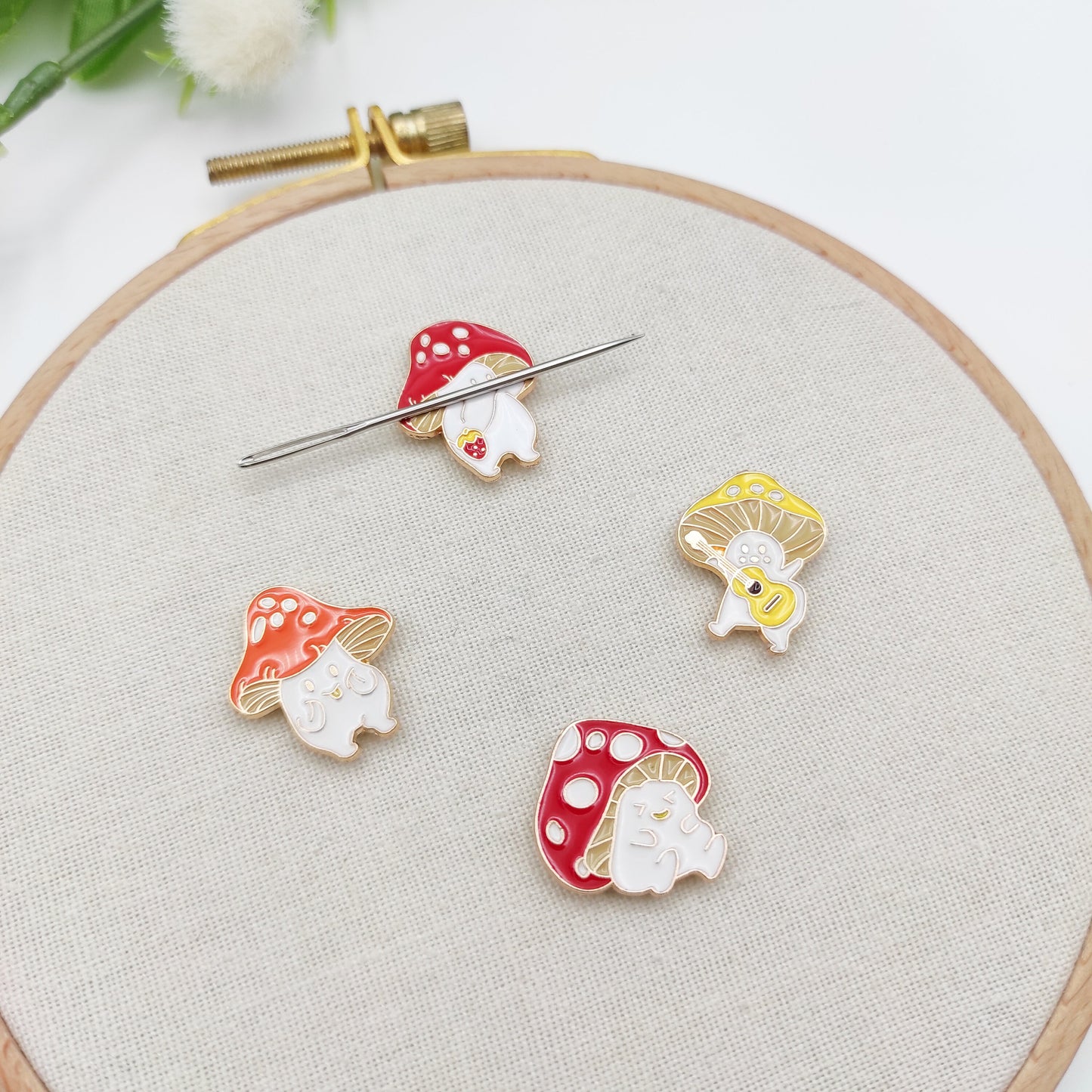 Cute Mushroom Enamel needle minders, Small Needle Minder for Embroidery, Cross Stitch, Needle work, Needle point tools