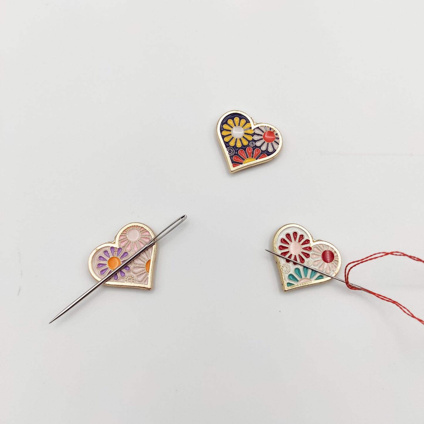 Heart enamel needle minders, Cute Needle Minder for Embroidery, Cross Stitch, Needle work, needlecraft projects and sewing.