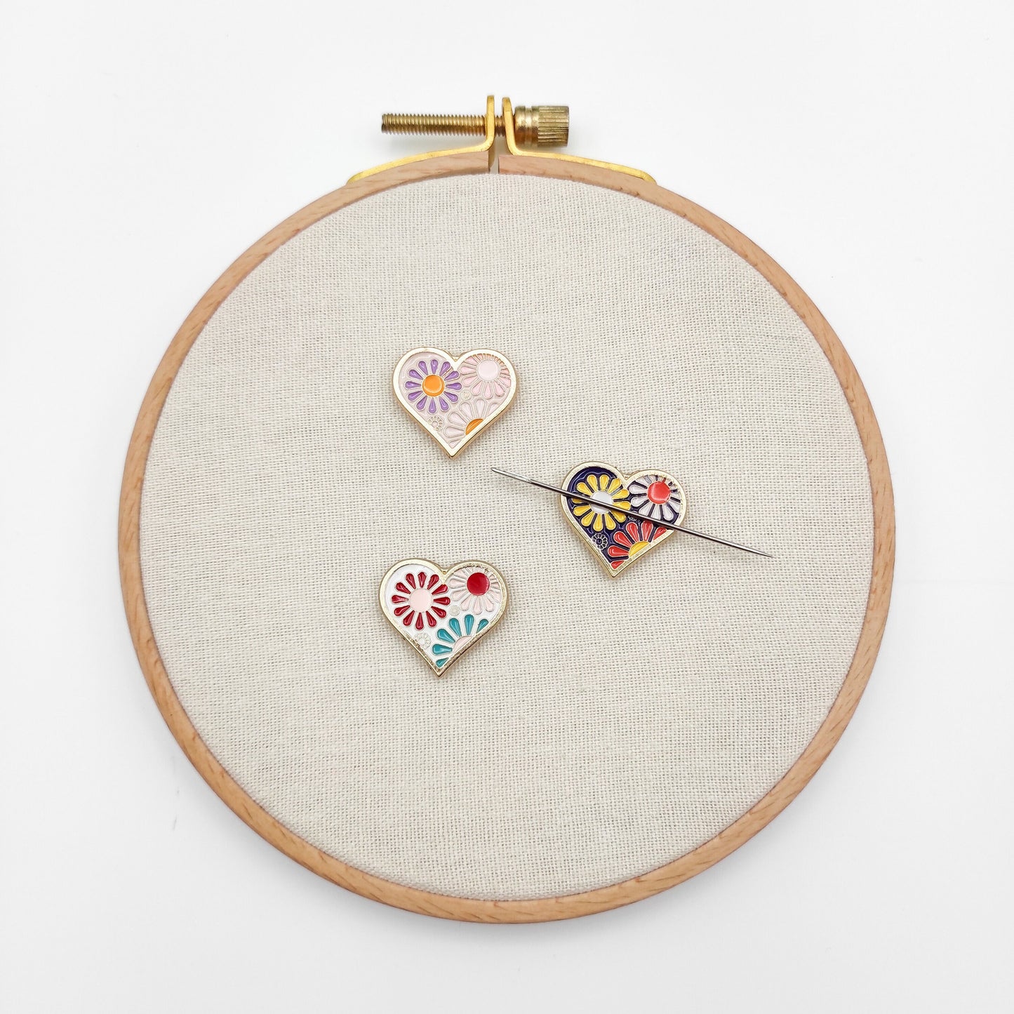 Heart enamel needle minders, Cute Needle Minder for Embroidery, Cross Stitch, Needle work, needlecraft projects and sewing.