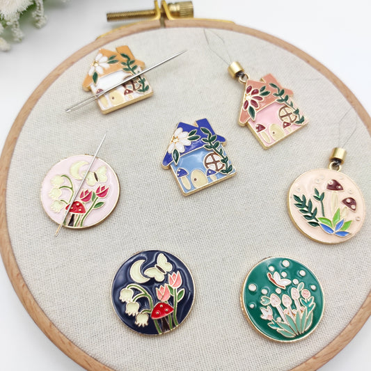 Floral Enamel Needle Minder, Needle Threader, Garden Needle Minder/ Threader for Embroidery/ Cross Stitch/Needle work/Needlecraft/Sewing.