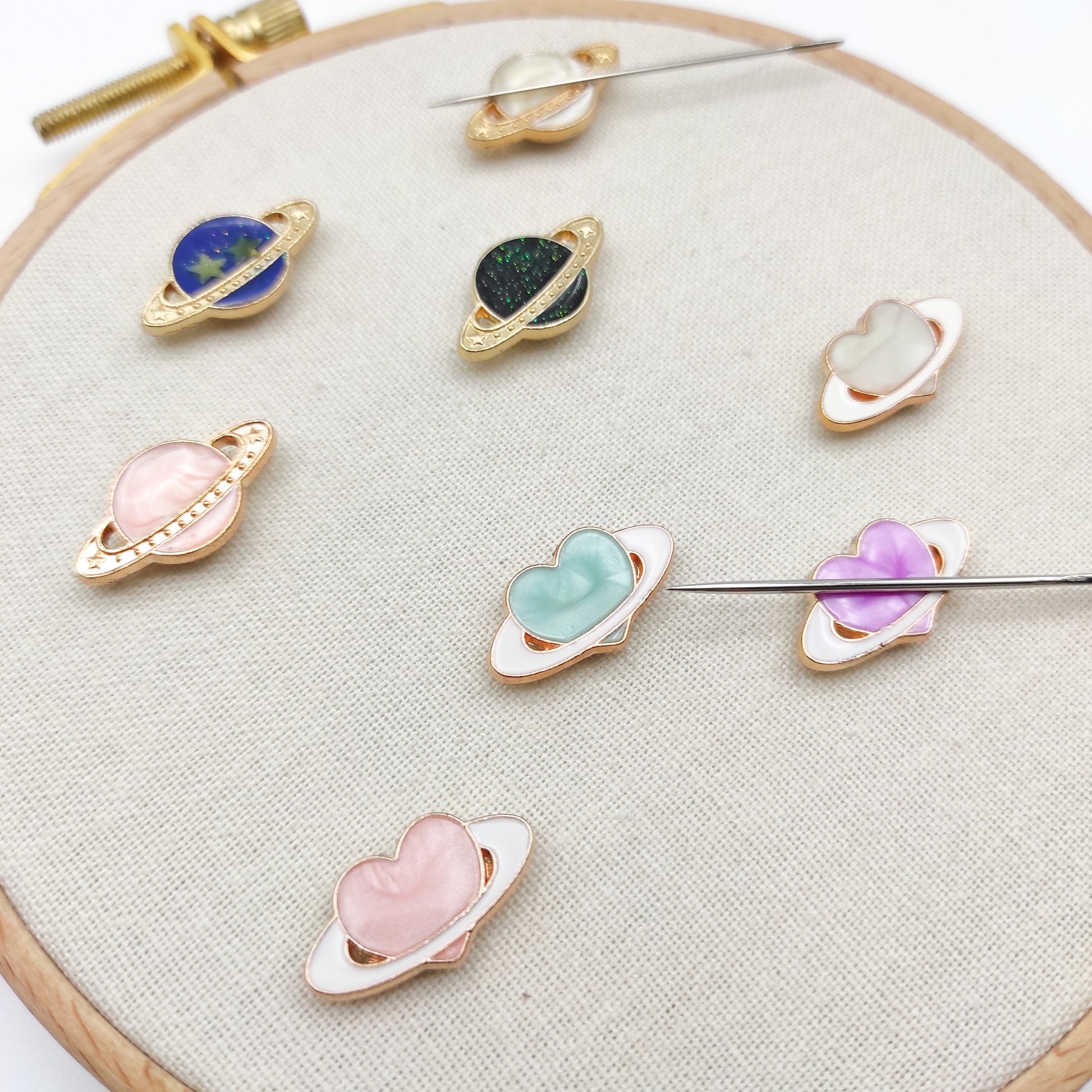 Small planet enamel needle minders, Tiny Needle Minder for Embroidery, Cross Stitch, Needle work, Needle point tools