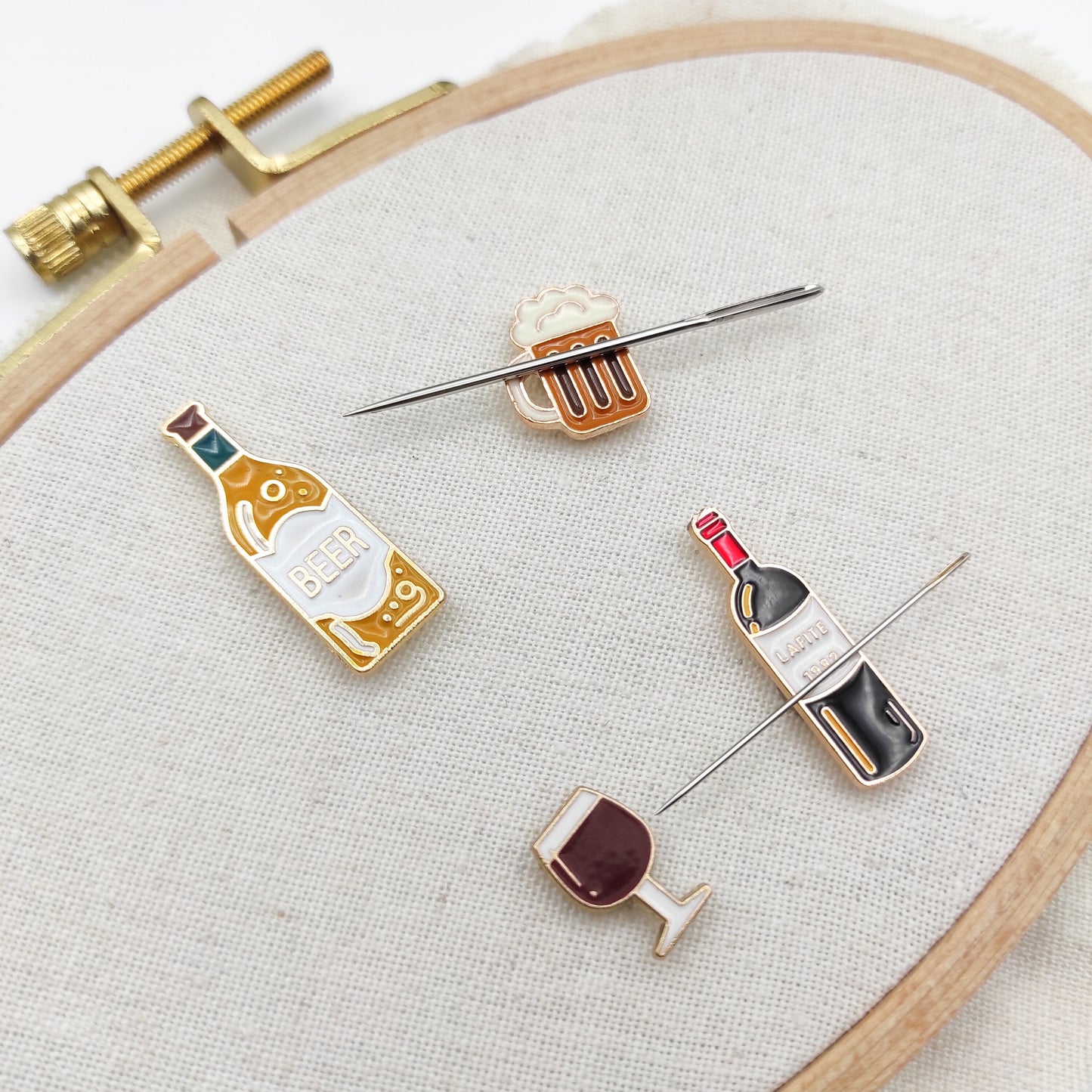 Small Wine/Beer enamel needle minders, Tiny Needle Minder for Embroidery, Cross Stitch, Needle work, Needle point tools