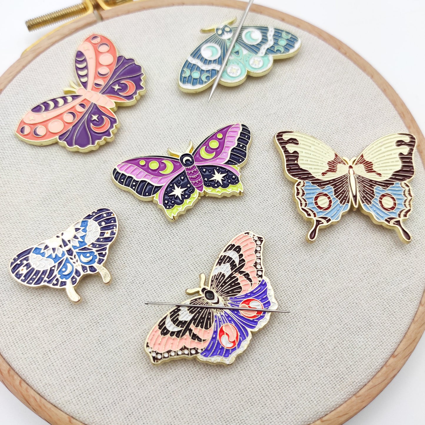 Moth/Butterfly enamel needle minders, Needle Minder for Embroidery, Cross Stitch, Needle work, needlecraft projects and sewing.