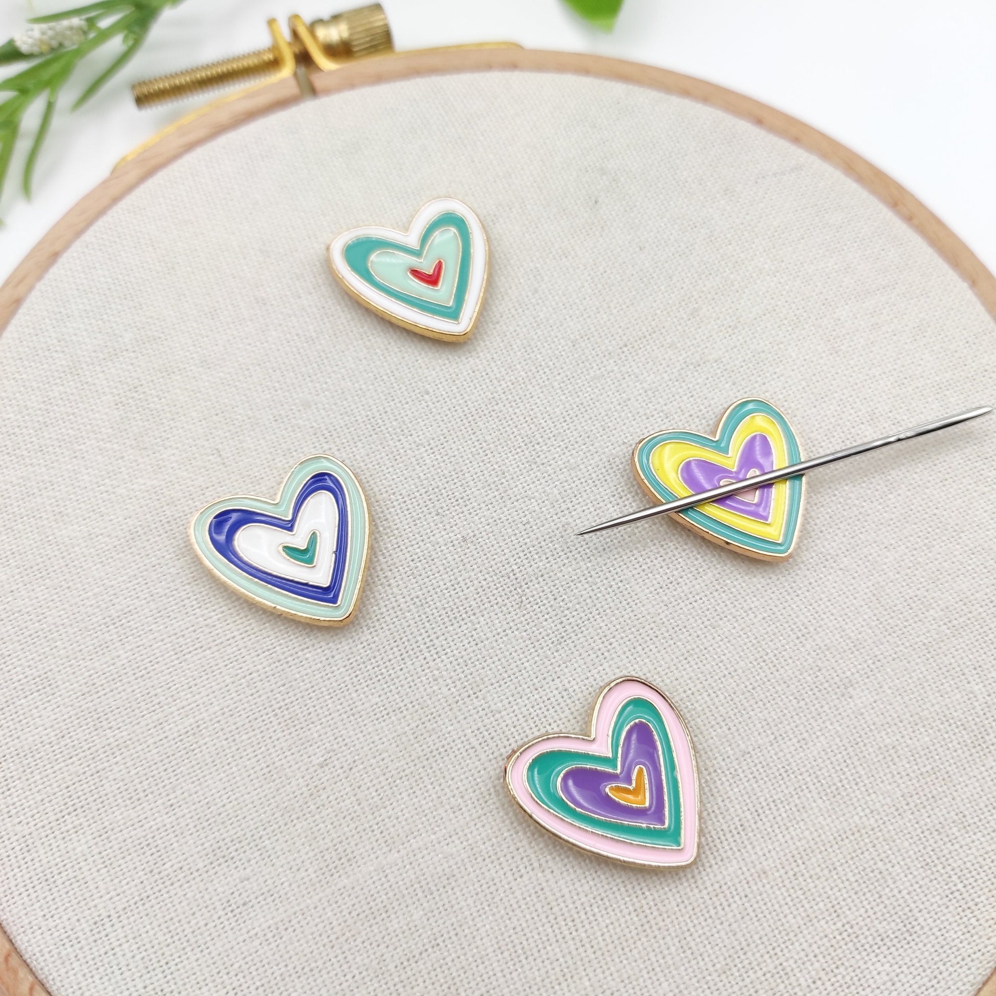 Heart enamel needle minders, Cute Needle Minder for Embroidery, Cross Stitch, Needle work, needlecraft projects and sewing.