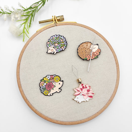 Hedgehog enamel needle minders, Needle Minder for Embroidery, Cross Stitch, Needle work, needlecraft projects and sewing.