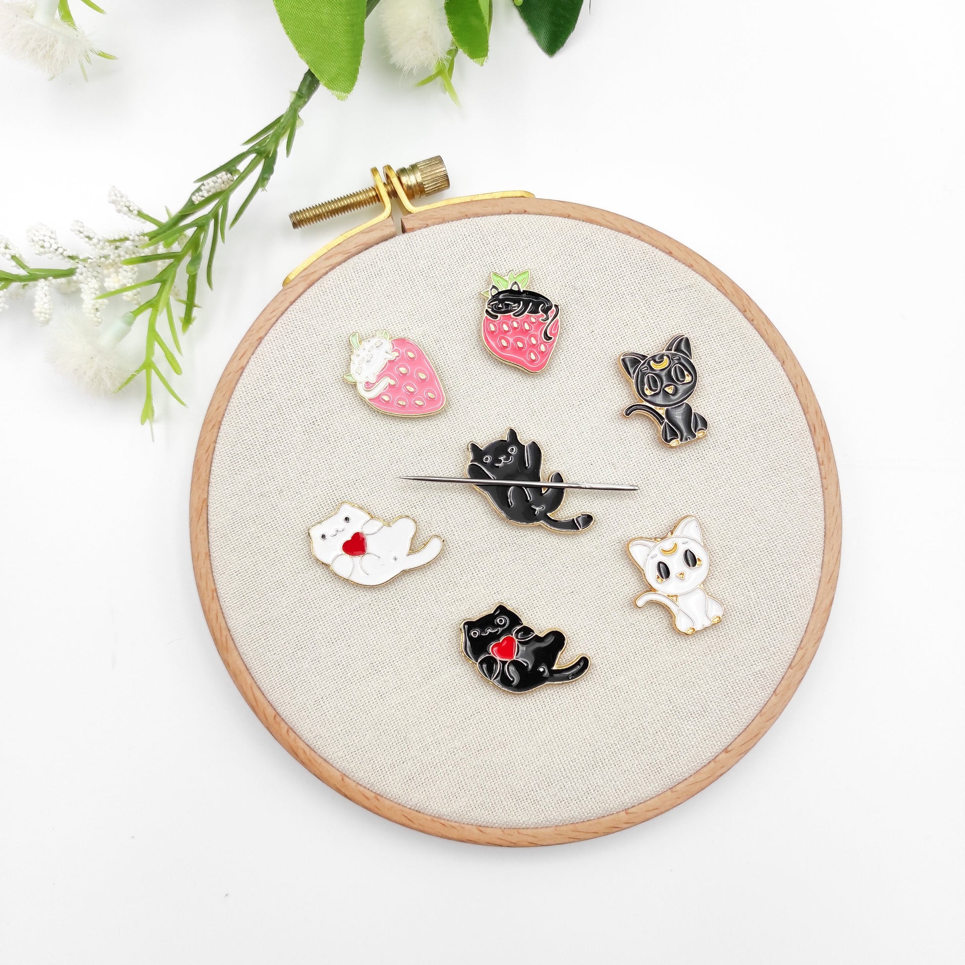 Small Kitten enamel needle minders, Cat Needle Minder for Embroidery, Cross Stitch, Needle work, Needle point tools