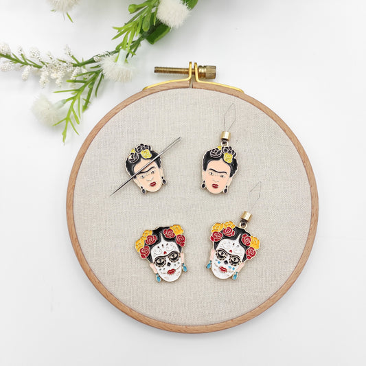 Feminist Frida Enamel Needle Minder, Needle Threader for Embroidery/ Cross Stitch/Needle work/Needlecraft/Sewing.