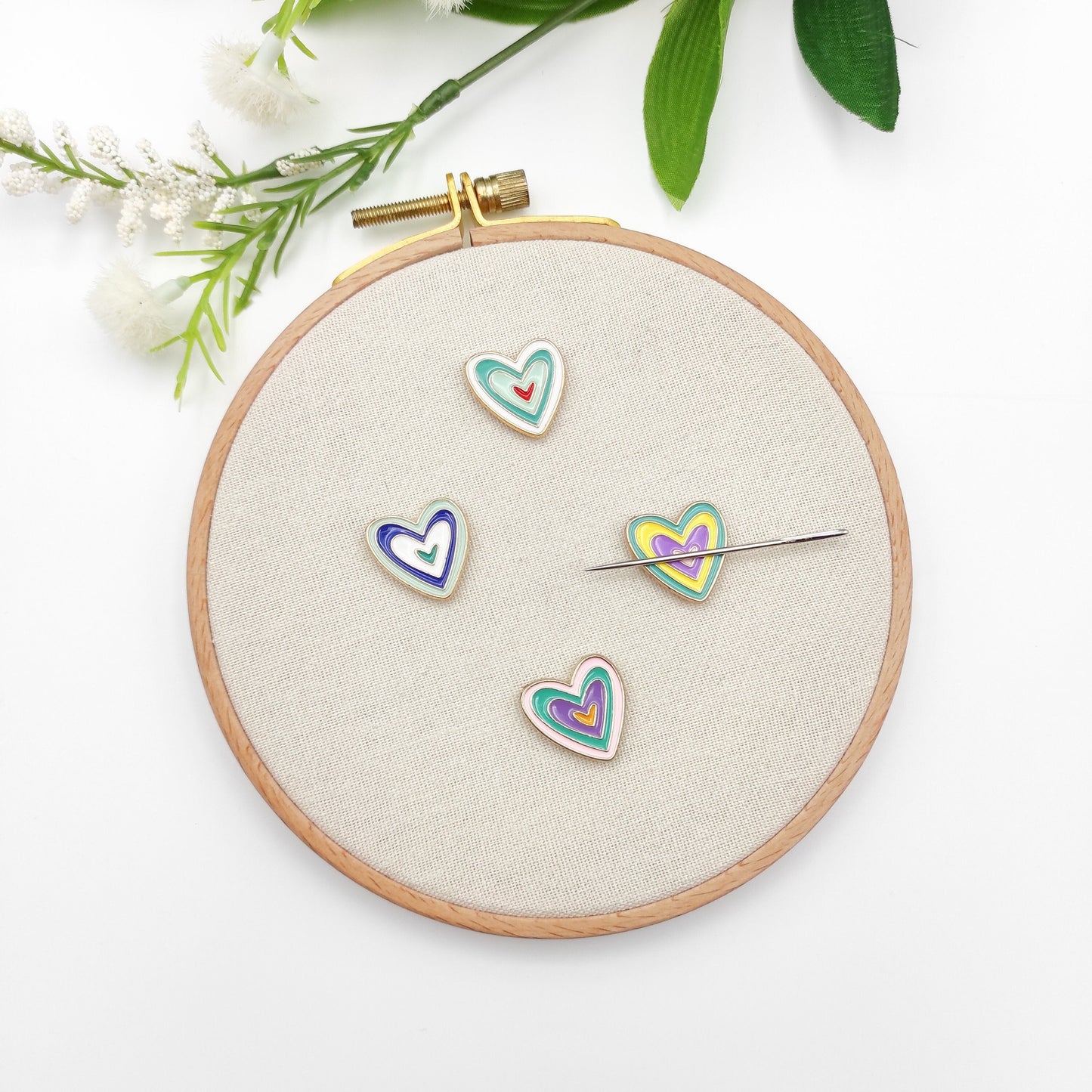 Heart enamel needle minders, Cute Needle Minder for Embroidery, Cross Stitch, Needle work, needlecraft projects and sewing.