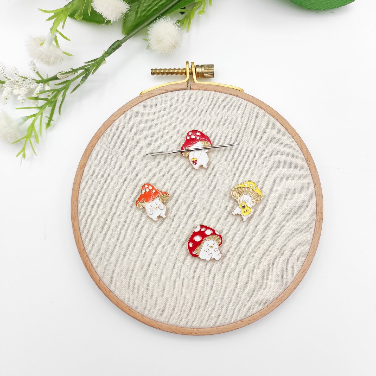 Cute Mushroom Enamel needle minders, Small Needle Minder for Embroidery, Cross Stitch, Needle work, Needle point tools