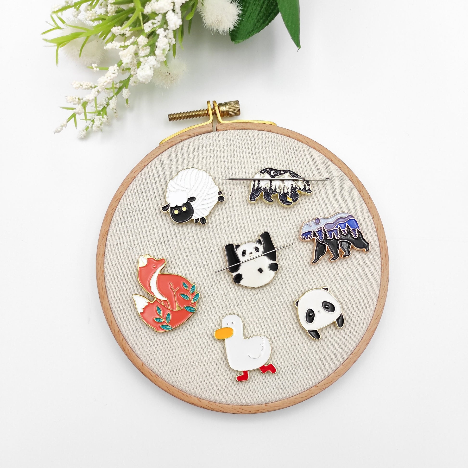 Animal enamel needle minders, Sheep, Bear, Panda, Fox, Duck Needle Minder for Embroidery, Cross Stitch, Needle work, Needle point tools