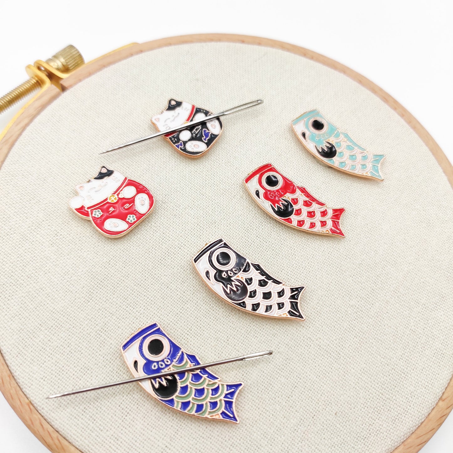 Lucky Cat Enamel Needle Minder, Koi Kite Needle Minder for Embroidery/ Cross Stitch/Needle work/Needlecraft/Sewing.