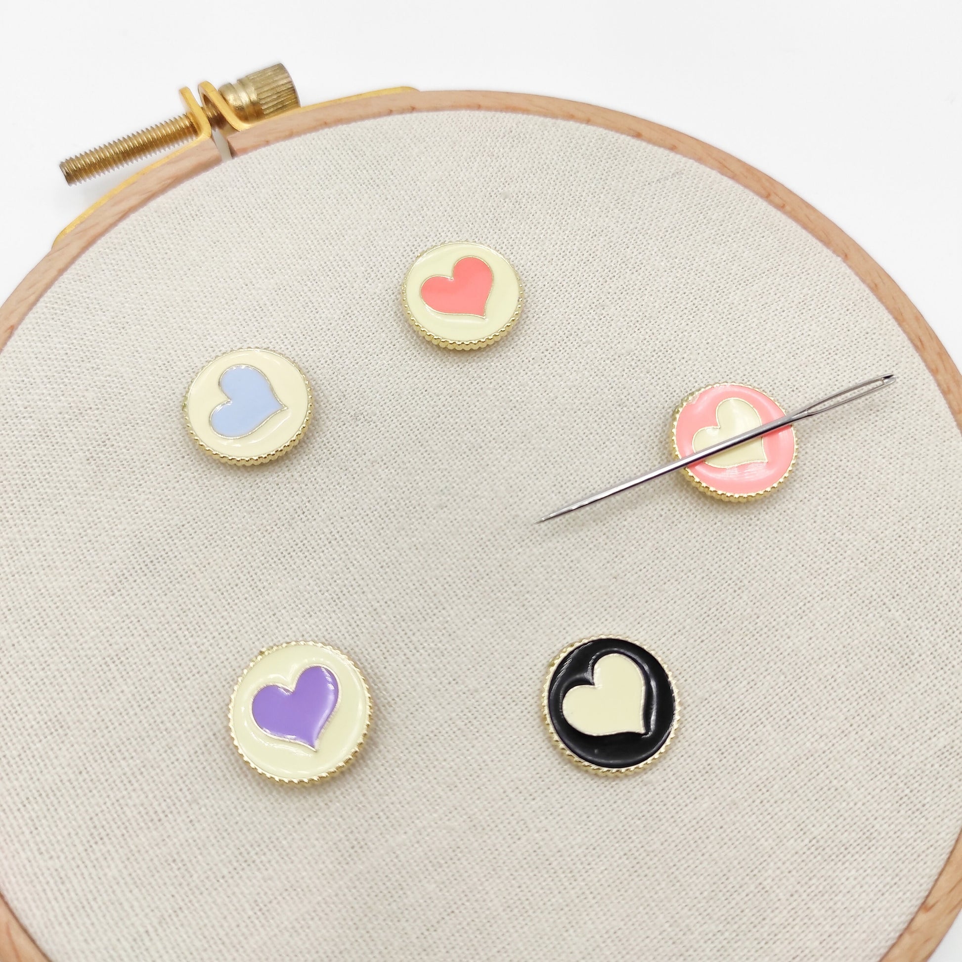 Small Round Heart Enamel needle minders, Tiny Needle Minder for Embroidery, Cross Stitch, Needle work, needlecraft projects and sewing.