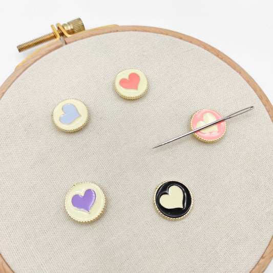 Small Round Heart Enamel needle minders, Tiny Needle Minder for Embroidery, Cross Stitch, Needle work, needlecraft projects and sewing.