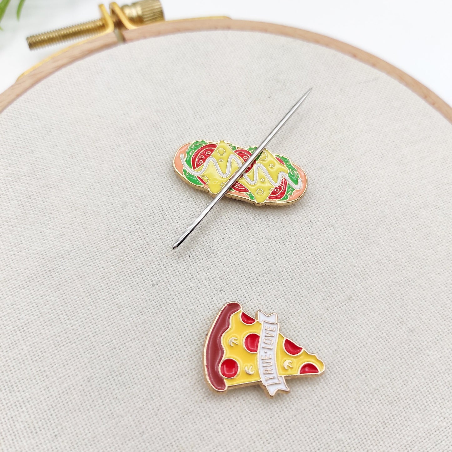 Pizza/Sandwich Enamel Needle Minders, Small Needle Minder for Embroidery, Cross Stitch, Needle work, Needle point tools