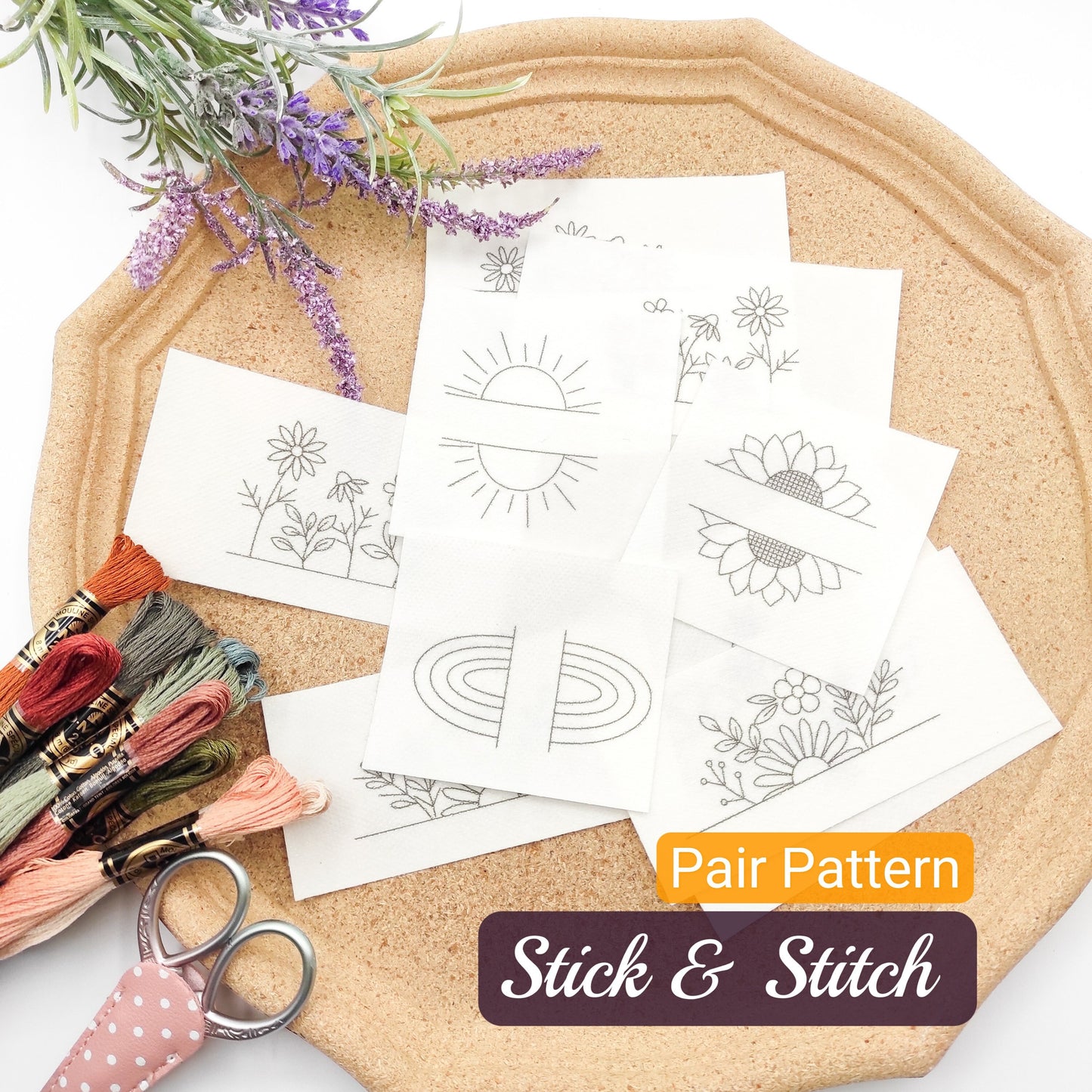 Pair Stick & Stitch hand embroidery patterns for clothes/pants/pocket/personalized hoop, DIY beginner embroidery patterns