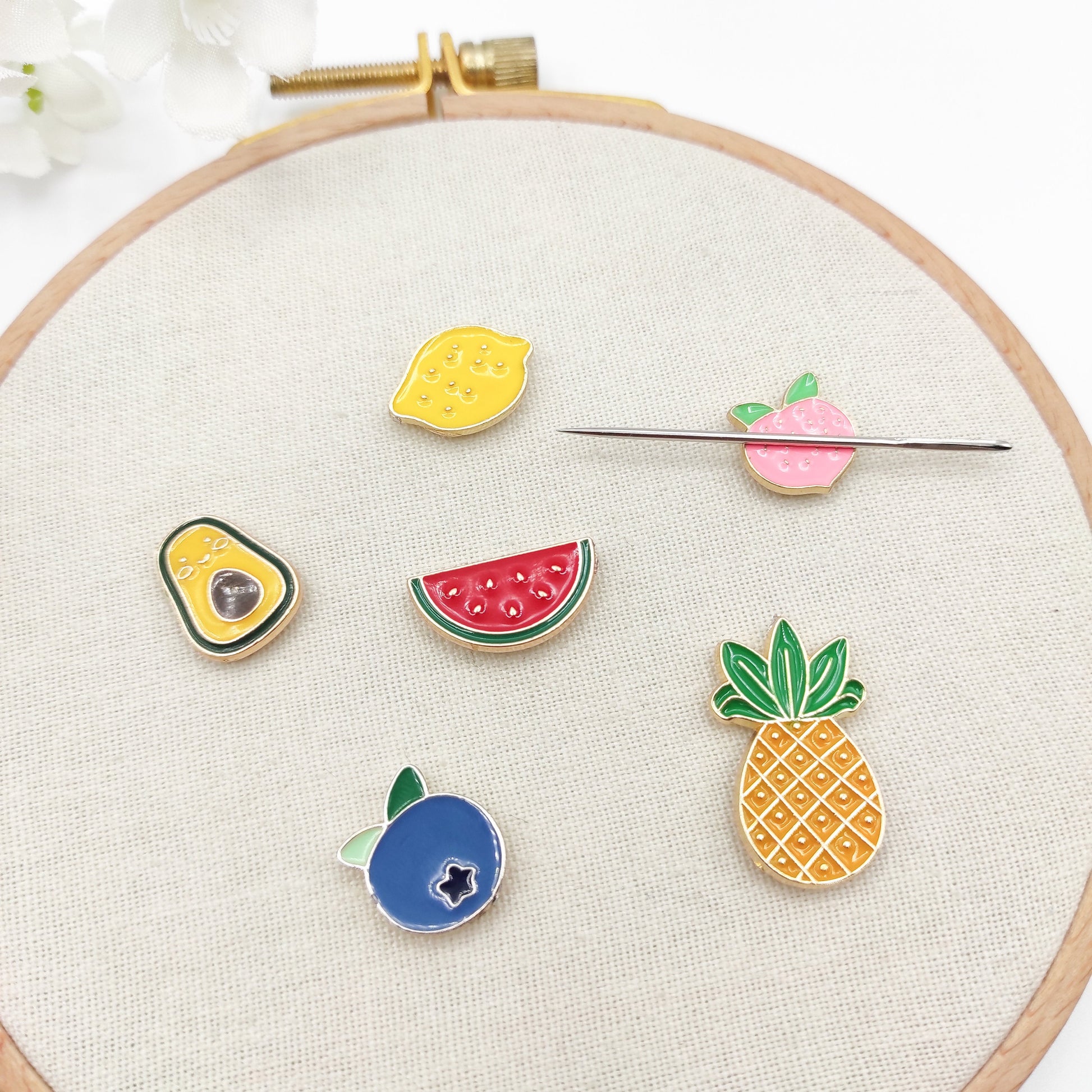 Fruit Small Enamel needle minders, Peach/Watermelon/Blueberry/Lemon/Avocado/Pineapple Needle Minder for Embroidery/Cross Stitch/Needle work