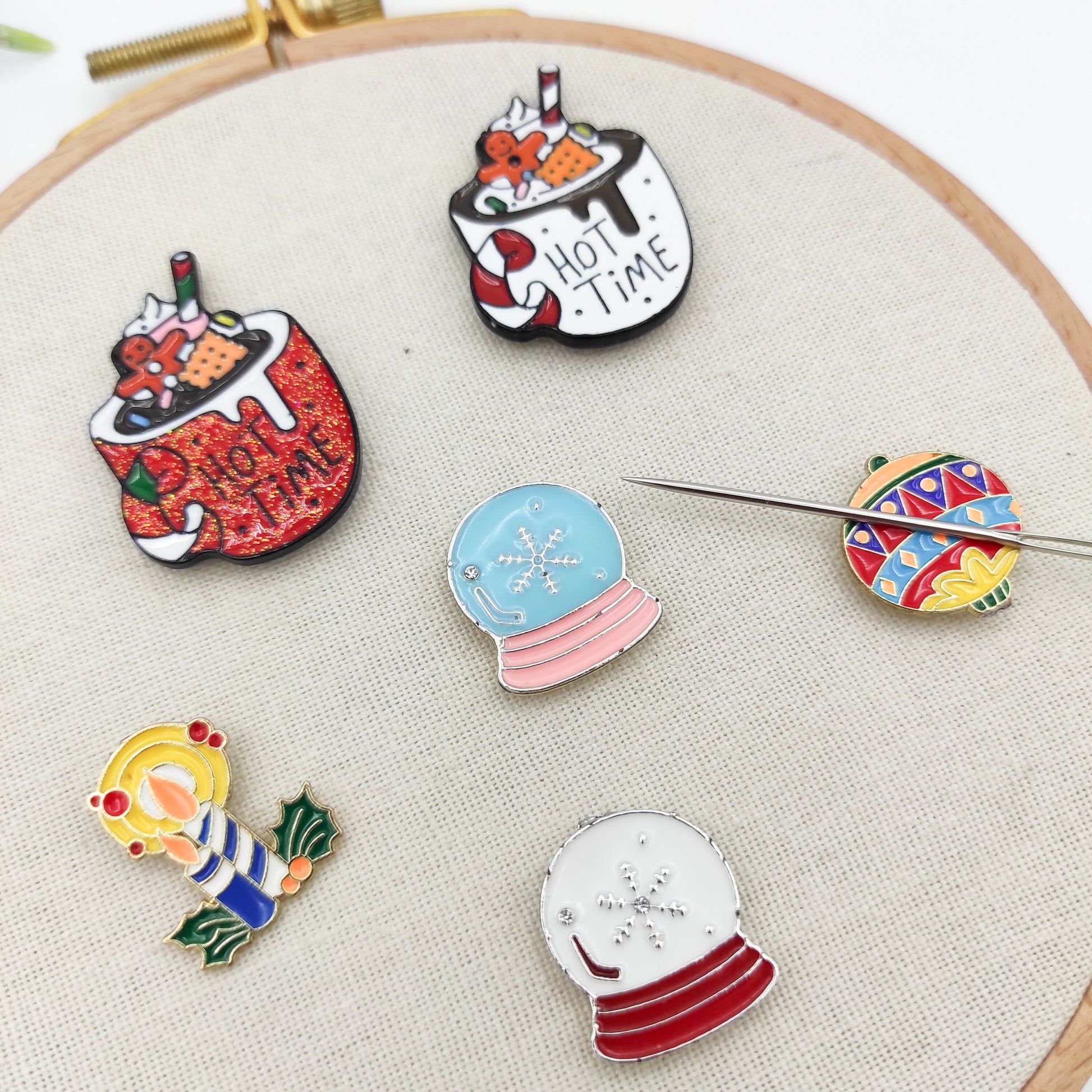 Christmas enamel needle minders, Needle Minder for Embroidery, Cross Stitch, Needle work, needlecraft projects and sewing.