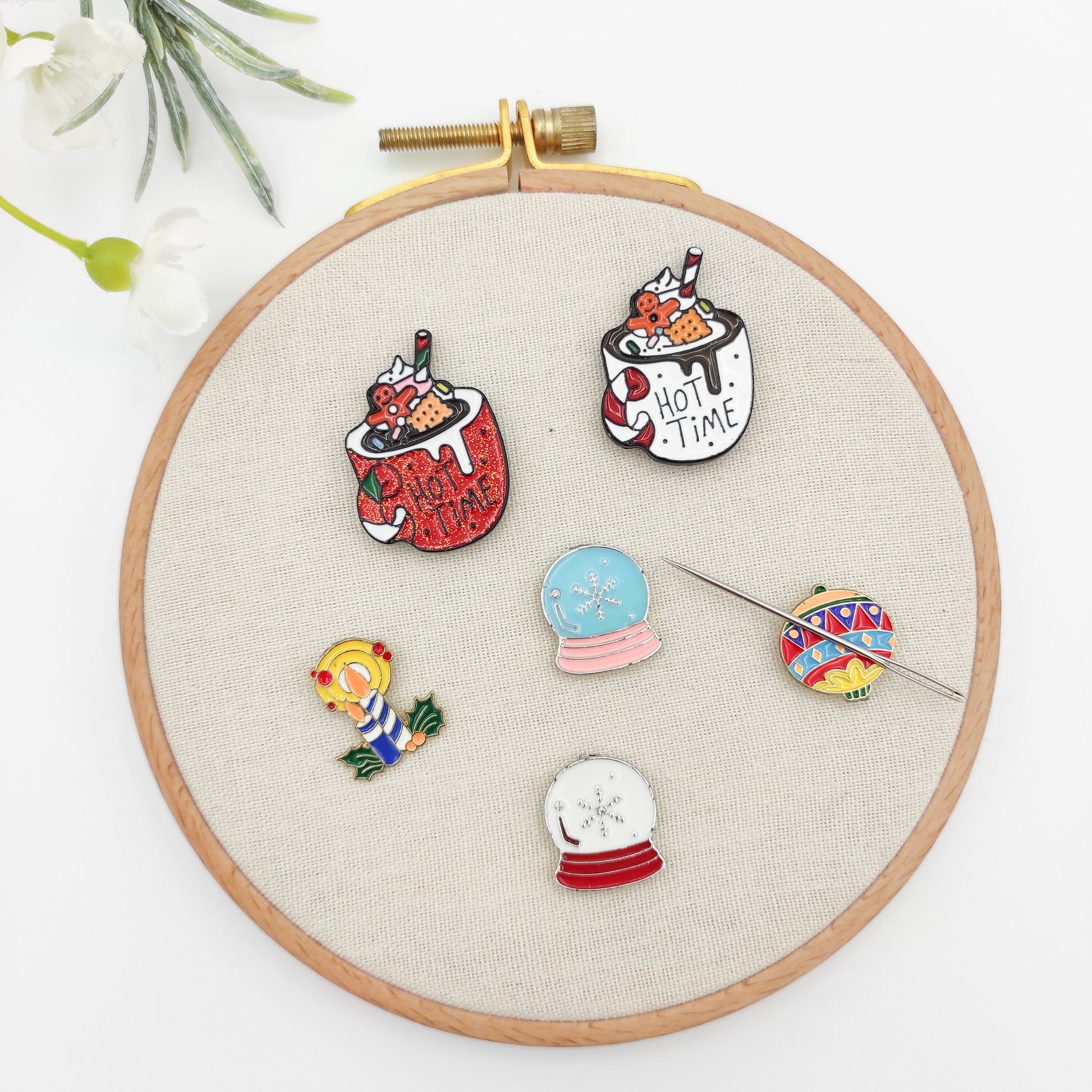 Christmas enamel needle minders, Needle Minder for Embroidery, Cross Stitch, Needle work, needlecraft projects and sewing.