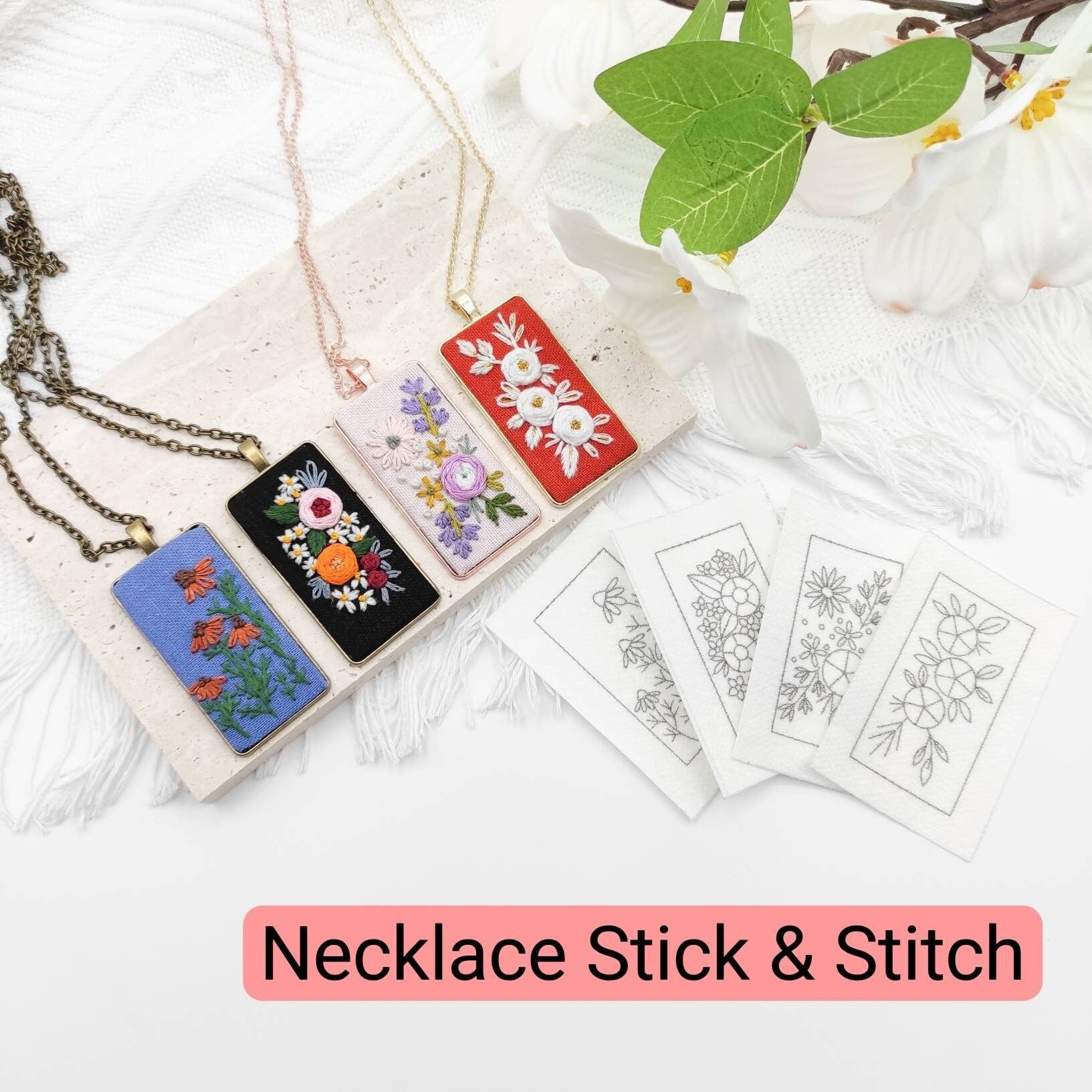 Stick & Stitch embroidery patterns, DIY embroidery floral patterns for rectangle necklace, water soluble pre-printed embroidery pattern