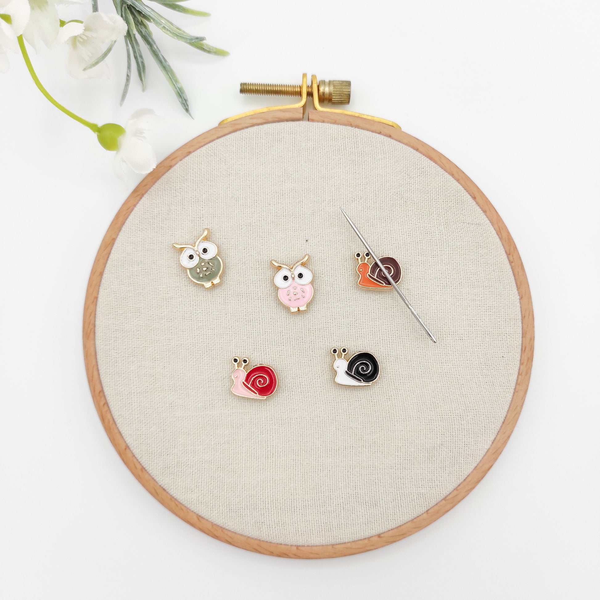 MINI Snails enamel needle minders, Owl Needle Minder for Embroidery, Cross Stitch, Needle work, needlecraft projects and sewing.