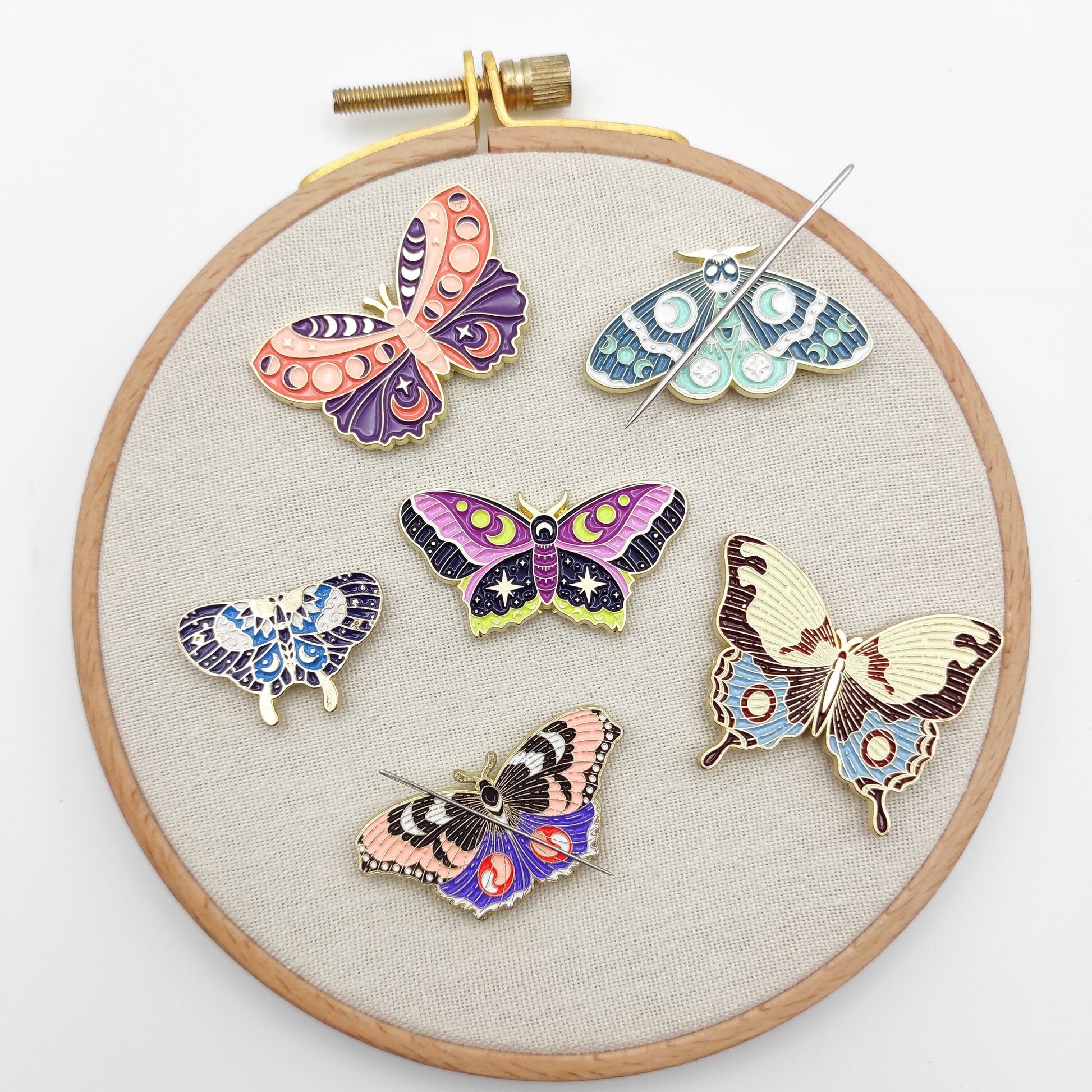 Moth/Butterfly enamel needle minders, Needle Minder for Embroidery, Cross Stitch, Needle work, needlecraft projects and sewing.