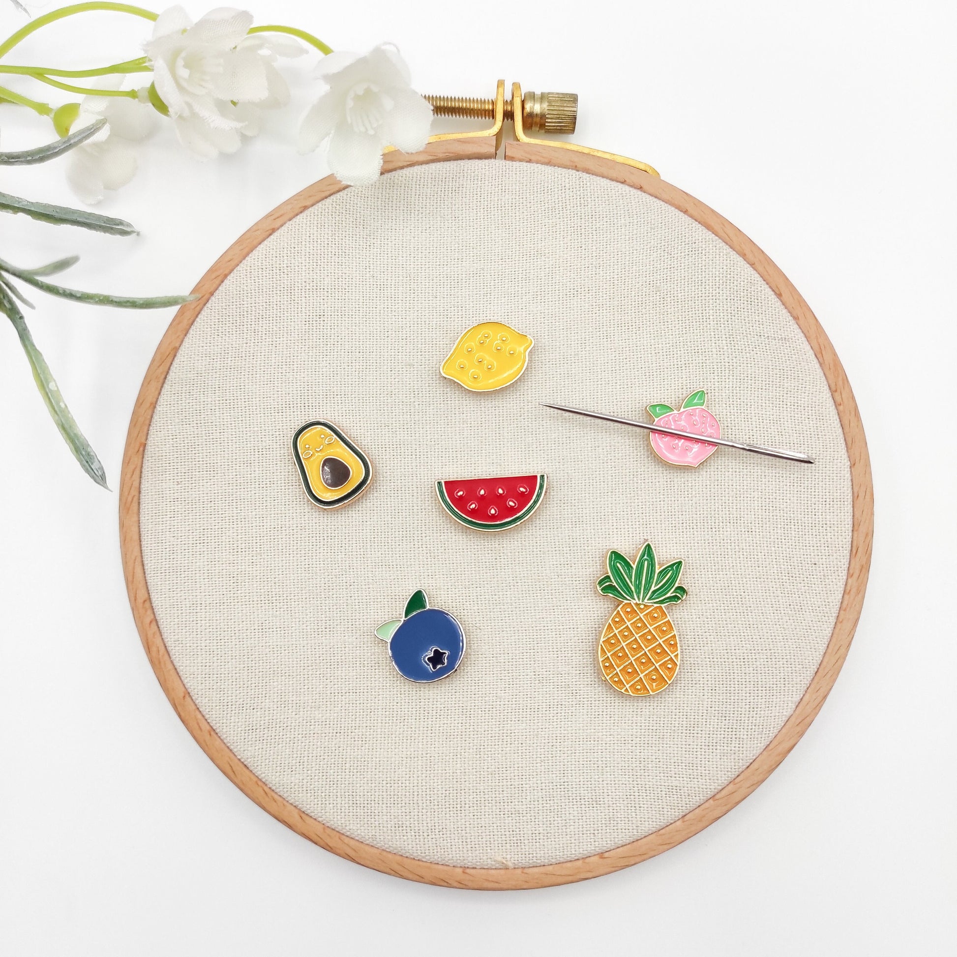 Fruit Small Enamel needle minders, Peach/Watermelon/Blueberry/Lemon/Avocado/Pineapple Needle Minder for Embroidery/Cross Stitch/Needle work