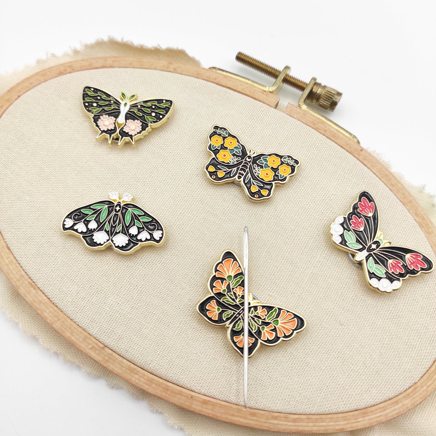 Floral Butterfly enamel needle minders, Needle Minder for Embroidery, Cross Stitch, Needle work, needlecraft projects and sewing.