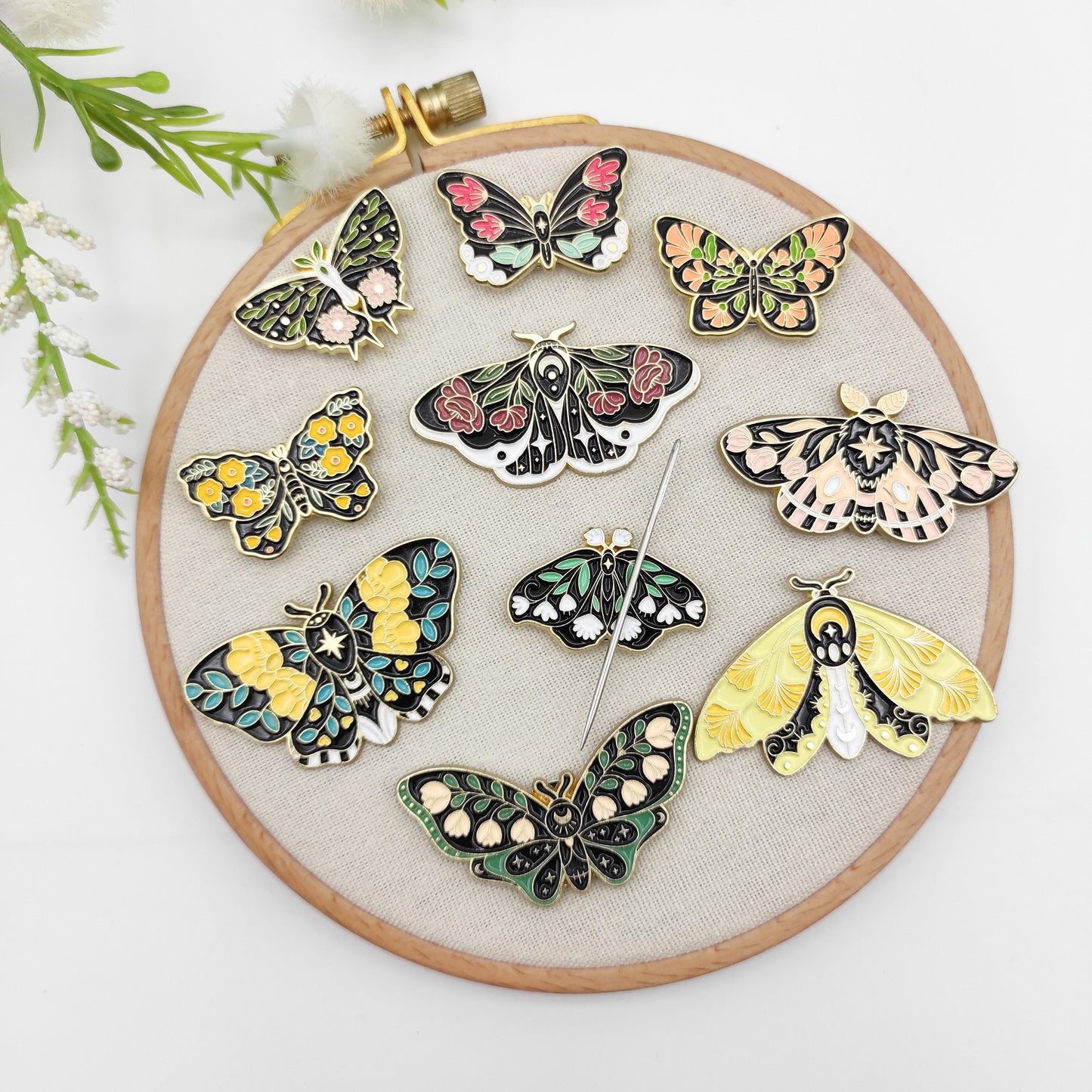 Floral Butterfly enamel needle minders, Needle Minder for Embroidery, Cross Stitch, Needle work, needlecraft projects and sewing.