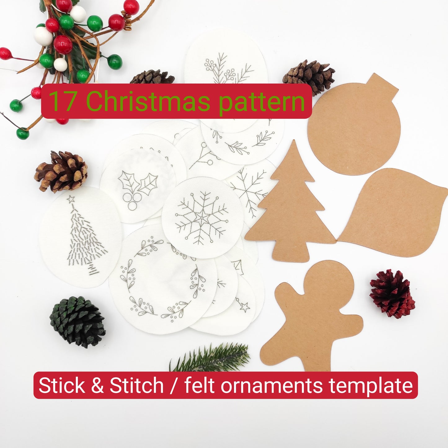 Christmas Stick & Stitch embroidery patterns, DIY embroidery patterns for felt ornaments