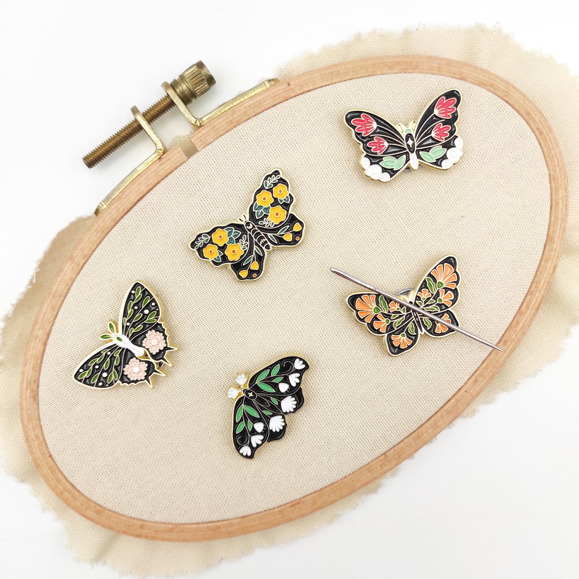 Floral Butterfly enamel needle minders, Needle Minder for Embroidery, Cross Stitch, Needle work, needlecraft projects and sewing.