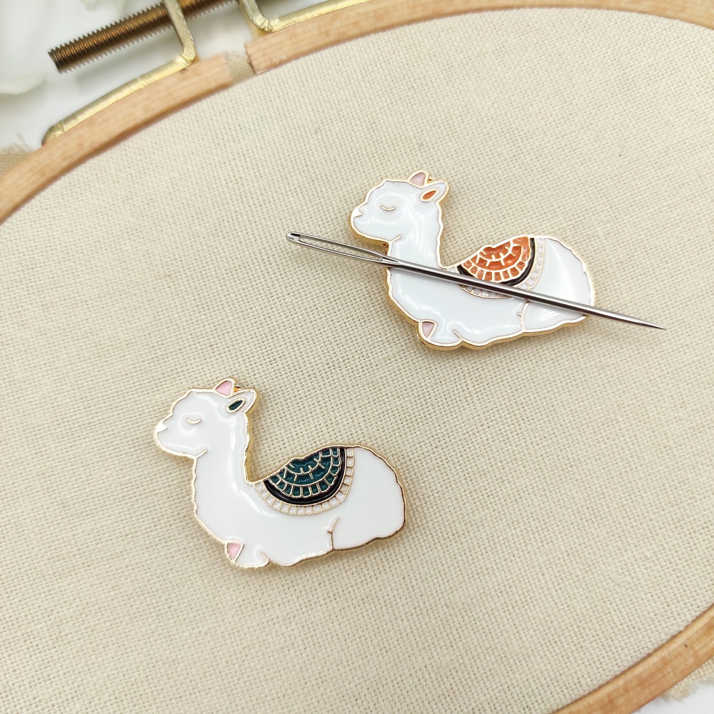 Alpaca enamel needle minders, Needle Minder for Embroidery, Cross Stitch, Needle work, needlecraft projects and sewing.