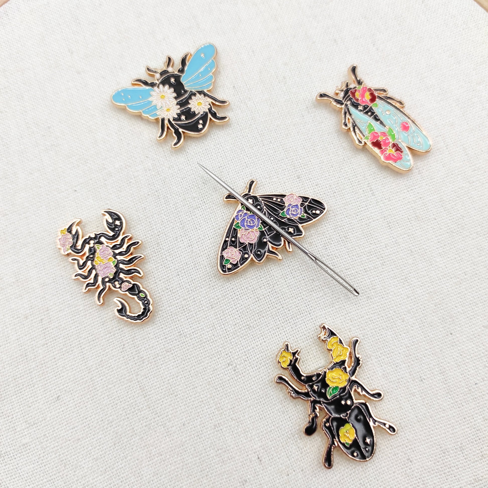 Floral insect enamel needle minders, Unique Needle Minder for Embroidery, Cross Stitch, Needle work, needlecraft projects and sewing