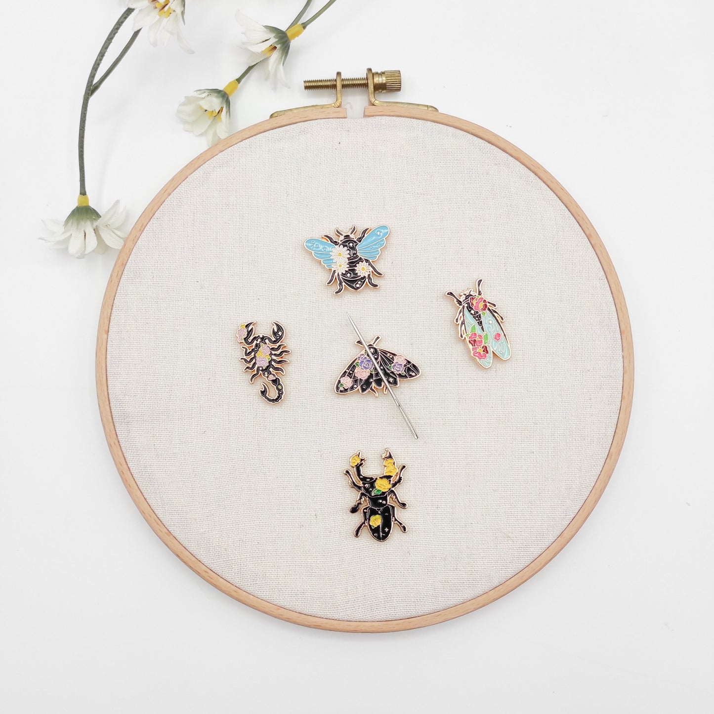 Floral insect enamel needle minders, Unique Needle Minder for Embroidery, Cross Stitch, Needle work, needlecraft projects and sewing