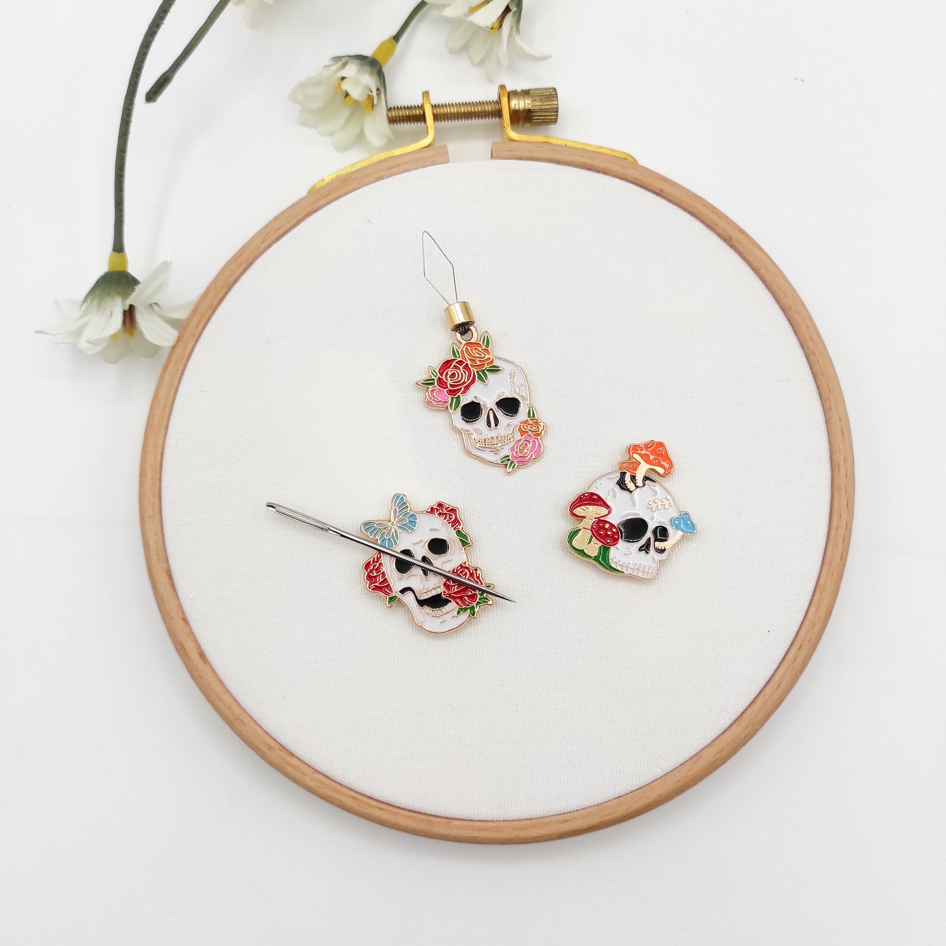 Floral Skull Minder , Needle Threader, Needle Minder/ Threader for Embroidery/ Cross Stitch/Needle work/Needlecraft/Sewing.