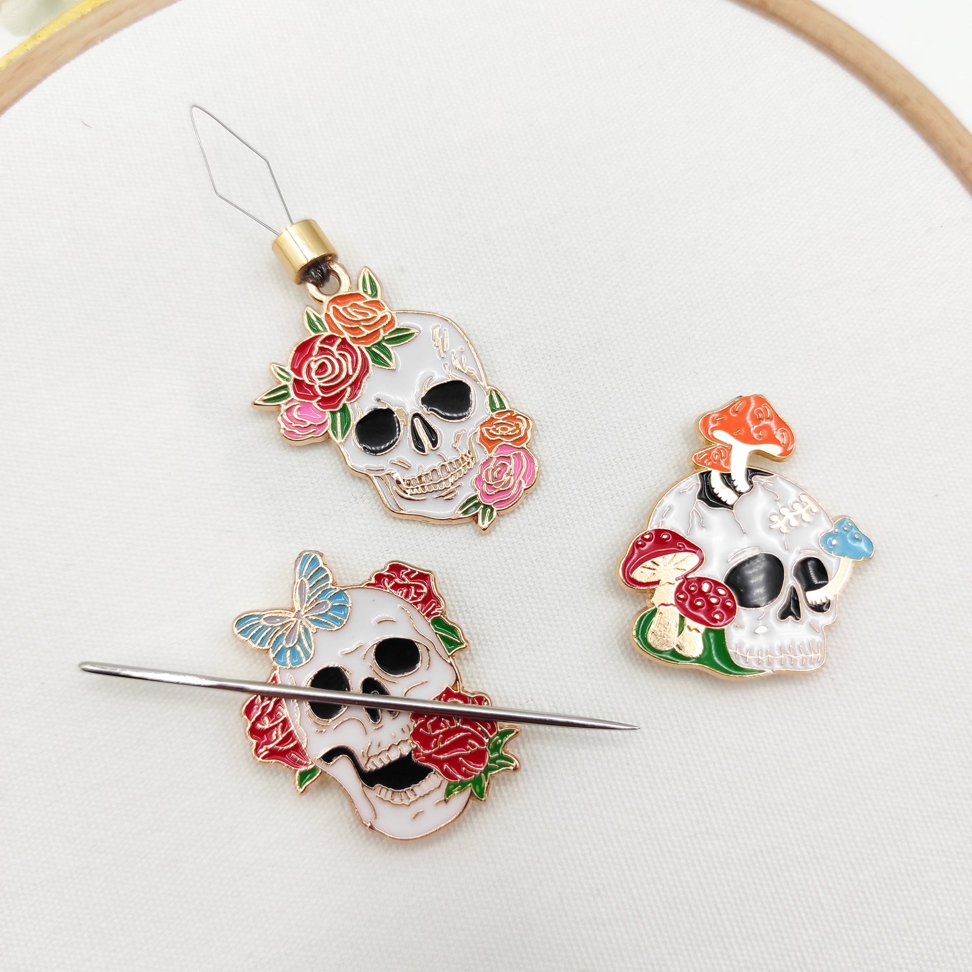 Floral Skull Minder , Needle Threader, Needle Minder/ Threader for Embroidery/ Cross Stitch/Needle work/Needlecraft/Sewing.